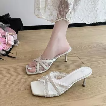Retro thin heels cool slippers women s summer wear new versatile skirt lace bow high heels 35