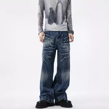 Retro Tie-dyeed Old Lightning Pattern Jeans Loose Wide-leg Floor Straight Pants S синий