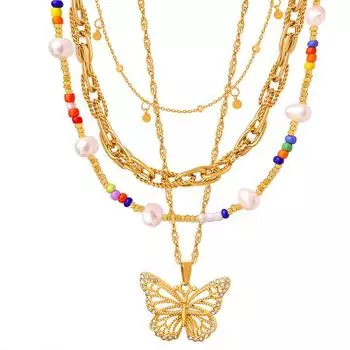 Ретро Титан Сталь Стекло Камень Стразы Различные Материалы Бисерное Ожерелье Браслет Пресноводный Жемчуг Комплект Ювелирных Изделий Женский