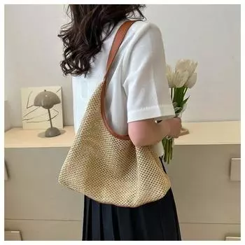 Ретро тканые сумки-тоут для женщин, тканые сумки-тоут из травы, сумки через подмышки, большая вместимость, сумка на одно плечо, пляжная сумка, сумки чёрный