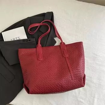 Ретро тканый узор большой емкости повседневная простая модная однотонная сумка-тоут через плечо для женщин красный