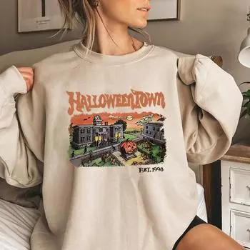 Ретро-толстовка HalloweenTown 1998 Crewneck, толстовка с капюшоном на Хэллоуин, забавный свитер для вечеринки на Хэллоуин, футболки с тыквами, подарок на Хэллоуин S чёрный