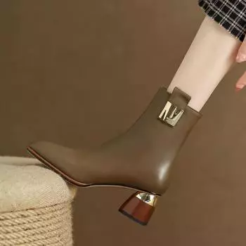 Ретро толстый каблук среднего размера сапоги осень и зима ниша универсальный модный темперамент квадратный нос высокий каблук одинарные сапоги 34 хаки