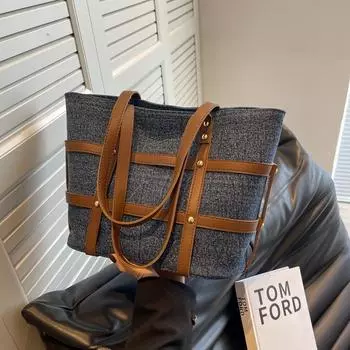 Retro tote bag autumn new women s bag large capacity fashion handbag denim rivet shoulder bag темно-синий