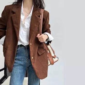 Ретро-тяжелая промышленность металлическая пряжка вельветовый пиджак женский корейский свободный высококачественный костюм верх весна осень зима L бежевый