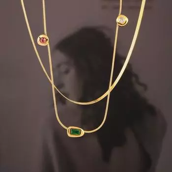 Ретро трехцветный стеклянный камень кулон на ключицу цепочка женская легкая роскошная ниша многослойное ношение ветер титан сталь позолоченный 18 карат золото ювелирные изделия