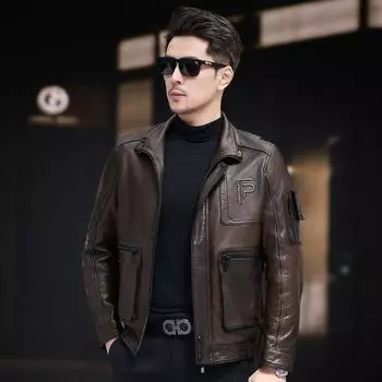 Ретро тренд овчина кожа кожаная куртка мужская красивая локомотив кожаная куртка зеленая тонкая кожаная куртка куртка L коричневый