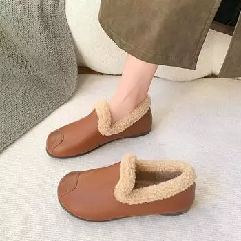 Ретро-туфли-бини с мягкой подошвой, женские осенне-зимние туфли-лоферы с одной педалью в британском стиле, теплые повседневные туфли из кожи 35 коричневый