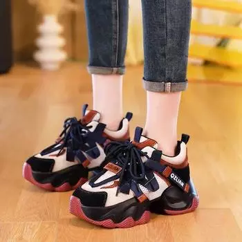 Ретро-туфли для папы, модные, крутые, новые, на толстой подошве, увеличивающие рост, повседневные, цветные, повседневные, спортивные, женские туфли 35 чёрный