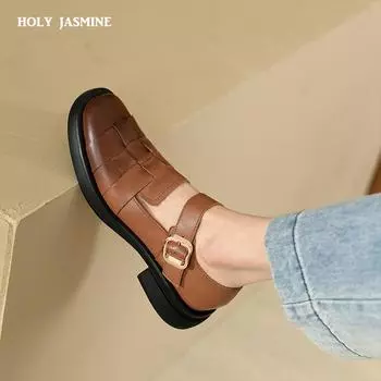 Ретро туфли для женщин 2024 Весна Новые толстые каблуки-лодочки Женские туфли из натуральной кожи высшего качества для вечеринок Женские туфли Mary Janes 4 чёрный