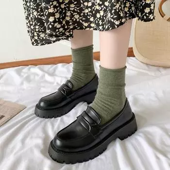 Ретро-туфли из черной кожи с круглым носком и толстой подошвой, женские однотонные туфли в японском стиле для школьной формы JK 4.5 чёрный