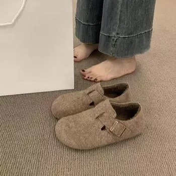 Ретро-туфли из фетра с круглой головкой, женские флисовые осенне-зимние туфли Birkenstocks из хлопка с одной педалью 35 серый