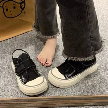 Ретро-туфли на липучке с большой головой из парусины 2024 года, весна и осень, корейская версия, студенческие ретро-туфли на платформе, ленивые, повседневные 35 розовый