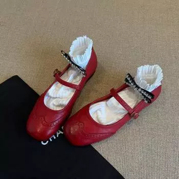 Ретро туфли на плоской подошве, туфли Мэри Джейн из натуральной кожи с квадратным носком и неглубоким вырезом, красные маленькие одинарные туфли с ремешком для женщин 35