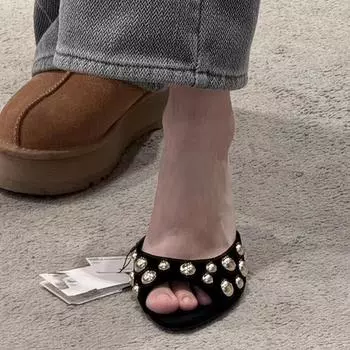 Ретро туфли-полушапки на шпильках с открытым носком женские летние 2025 года новые металлические односложные классные тапочки 35 чёрный