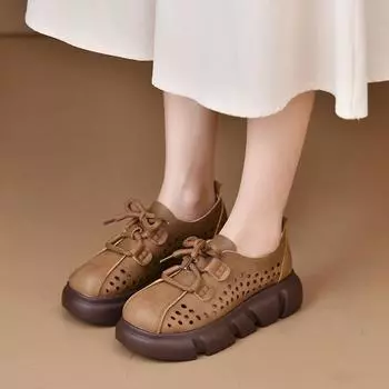 Ретро-туфли с открытыми носками женские 2024 осень новые римские толстые подошвы универсальные маленькие кожаные туфли на шнуровке Zapatos De Mujer 35 бежевый