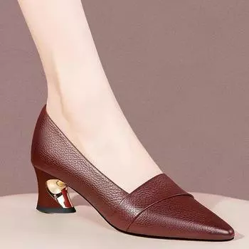 Ретро-туфли с заостренным носком и неглубоким носком на среднем каблуке, женские туфли из кожи на толстом каблуке, модные женские туфли большого размера 34 бордовый