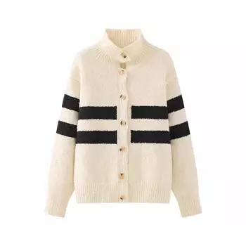 Retro turtleneck black and white striped ladies knitted cardigan, contrast color soft waxy sweater jacket top7048# one size fits all