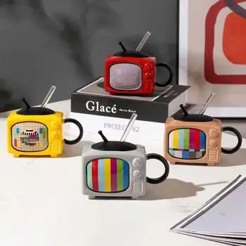Ретро ТВ керамическая кружка креативная личность мини кружка с крышкой и соломинкой кофейная кружка молочная кружка квадратная чашка латте украшение для дома 450ML