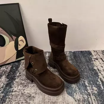 Retro two-wear folded thick-soled boots children s 2025 autumn and winter new medium tube thick heel but knee knight short boots 35 хаки