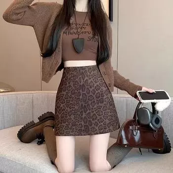 Ретро юбка А-силуэта с леопардовым принтом с высокой талией - Осенняя мода, стройнящий стиль, облегающий бедра, для женщин M цветной печати леопарда/чёрный