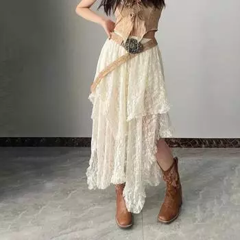 Ретро-юбка с эластичной высокой талией, кружевная юбка нестандартного дизайна, длинная юбка-миди во французском стиле с вышитым кружевом и цветочным узором абрикосовый
