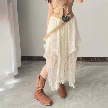 Ретро-юбка с эластичной высокой талией, кружевная юбка нестандартного дизайна, длинная юбка-миди во французском стиле с вышитым кружевом и цветочным узором абрикосовый