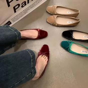 Ретро ультрамягкая женская обувь Spring Bow Red Flat Sole Single Shoes Leisure Comfortable Leather New Ballet Shoes Zapatos Mujer 35 чёрный
