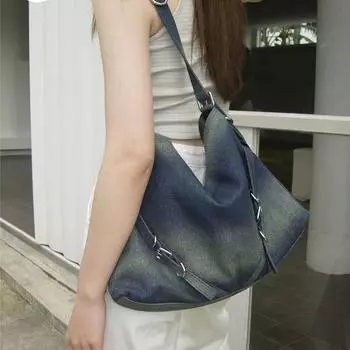 Ретро-улица Большая вместительная джинсовая сумка для женщин Модная повседневная сумка для покупок Студенческая сумка для поездок на работу Сумки-тоут на одно плечо (30cm<Max Length<50cm)