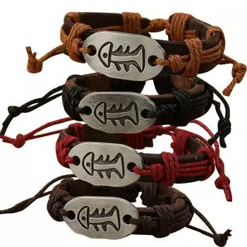 Ретро унисекс из коровьей кожи, сплав, рыбья кость, резьба, браслет, ювелирный аксессуар Dark Red