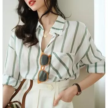 Ретро универсальная рубашка в вертикальную полоску, дизайн Sense Temperament, солнцезащитная блузка, женская тонкая секция, винтажная базовая офисная повседневная женская рубашка S синий
