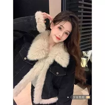 Ретро утолщенная стеганая плюшевая джинсовая куртка женская зимняя новинка 2024 года черная куртка с длинным рукавом S