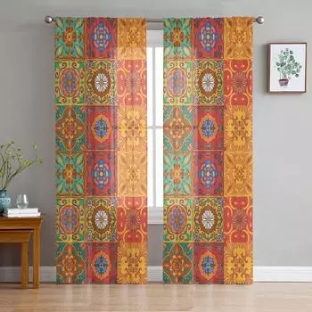 Ретро-узор плитки Изображение занавески на окна Тюль для гостиной, спальни, кухни, оконные украшения, шторы W135 x H114cm