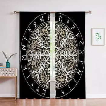Ретро-узор шторы персонализированные роскошные рунические щиты 3D-печать карниз для штор декоративные шторы спальня гостиная 100W130H(CM)&Grommet Top