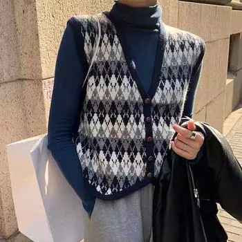 Ретро V-образный вырез вязаный свитер жилет женский осень зима свободные кардиганы свитера жилеты модный элегантный однобортный женский трикотажный жилет 30989 One Size орион