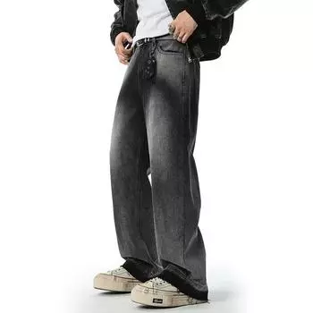 Ретро Вареный Градиент Свободные Прямые Джинсы С Бахромой Драпированные Брюки В Пол S чёрный