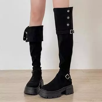 Retro versatile boots women s 2024 autumn and winter new round head high matte one shoe three wear fold fashion boots tide 35 чёрный