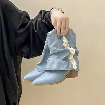 Retro versatile cowboy boots autumn and winter fashion design feeling wrinkled thick heel trouser tube boots pointed and thin fashion boots 35