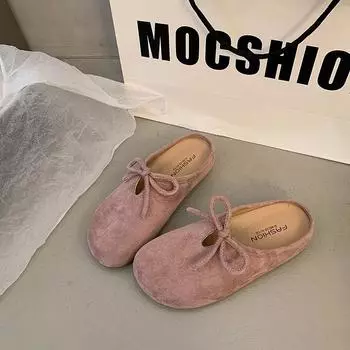 Retro versatile flat-bottomed bag head slippers women s spring new bow one-pedal soft-soled half slippers 35 розовый