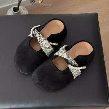 Retro versatile round head one-pedal Mary Jane shoes spring and summer new pearl casual flat-bottomed bag head slippers 35