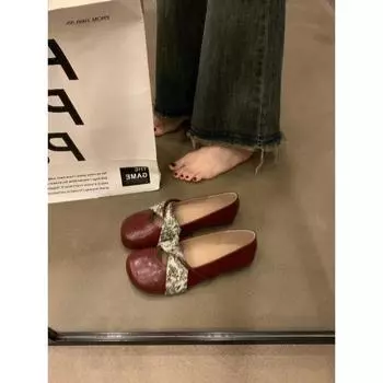 Retro versatile round head one pedal Mary Jane small leather shoes women s shoes are not tired of commuting grandma shoes flat single shoes 35 чёрный