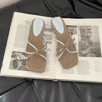 Retro versatile square head bow square heel one-word slippers women s summer fashion strap with skirt slope heel cool slippers 35