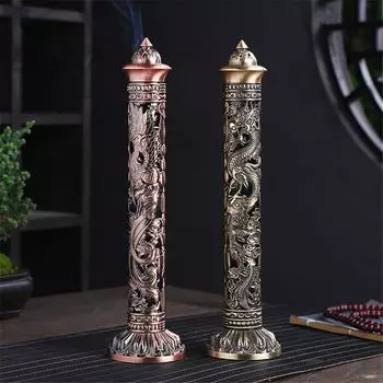 Retro Vertical Incense Burner Buddha Heart Sutra Dragon Phoenix Pillar Metal Incense Stick Home Office Ceremony Decoration