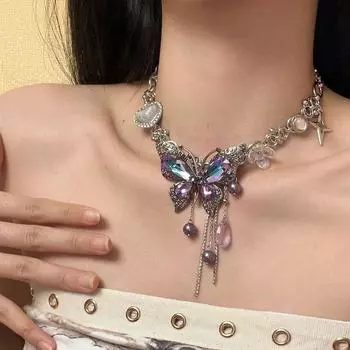 Retro Vintage Zircon Necklace Rhinestone Women s Choker Fashion Butterfly Necklace Party золотой