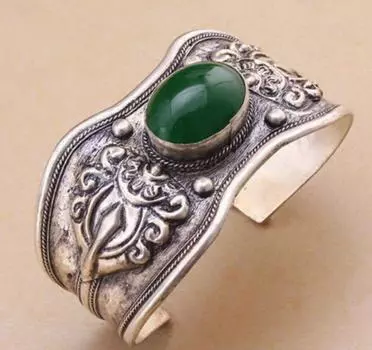 Ретро Винтаж Дракон Зеленый Браслет-манжета Браслет Тибет Серебряный