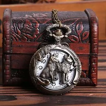 Ретро Винтаж Полый Волк Цветок Резной Кулон Ожерелье Кварцевые Карманные Часы