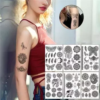 Ретро Временные Религиозные Черные Банты Цветы Дурмана Кружевные Татуировки Наклейки Боди-Арт Бокини Наклейки Для Мобильных Телефонов Украшения Женские Аксессуары 14