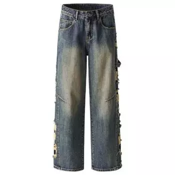 Retro Washable Old Jeans Men and Women High Street Ripped Straight Wide-leg Trousers S синий