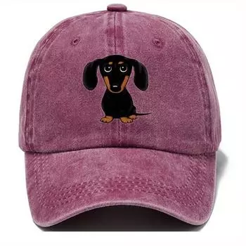 Retro washed baseball cap with dachshund print, casual style worn-out adjustable dad hat,
