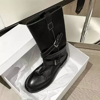 Retro washed horse leather medium boots female knight boots 2025 autumn new pleated belt buckle low heel western cowboy boots 35